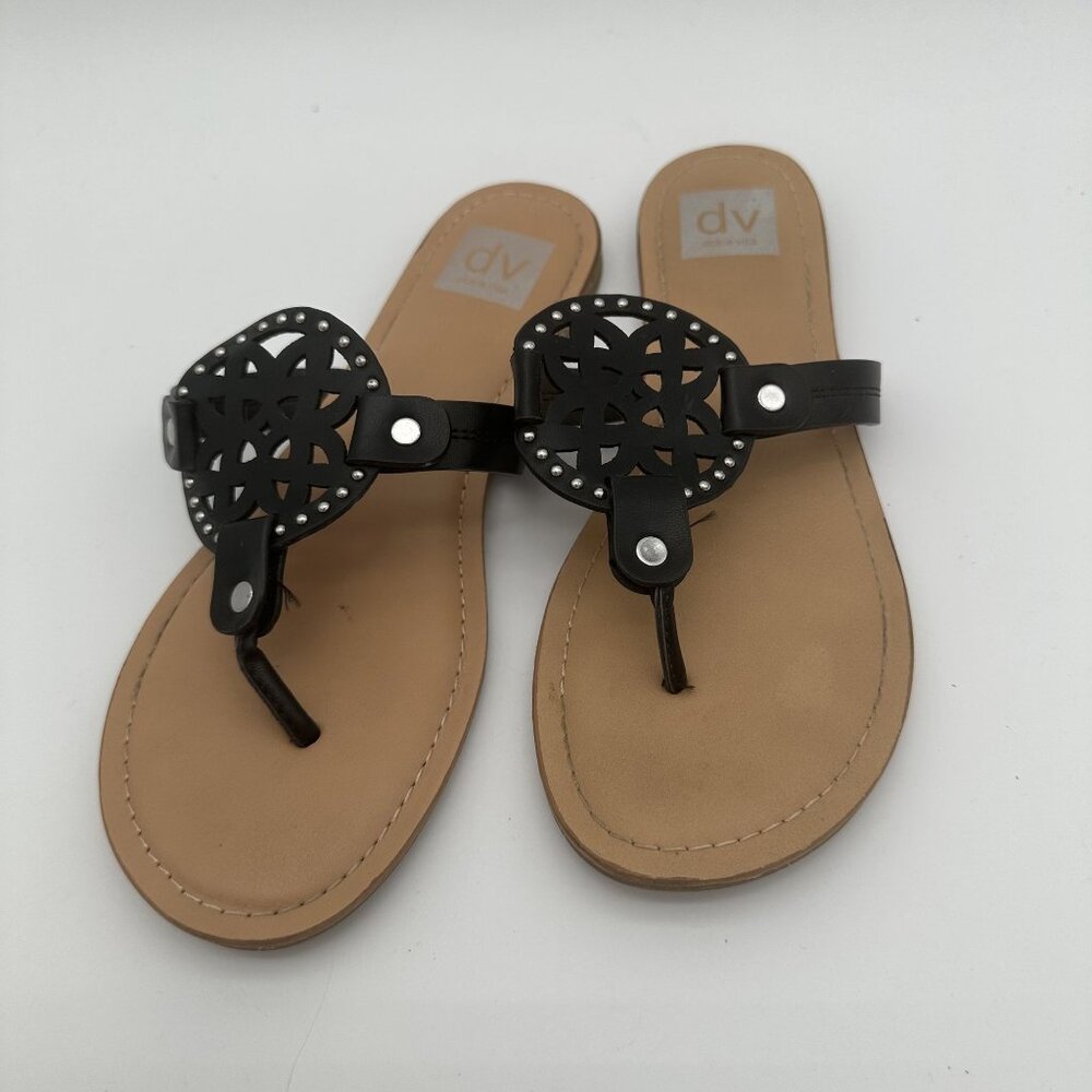 Dolce Vita Womens Size 8 Black Leather Sandals Studded Cutout Design Tan Soles